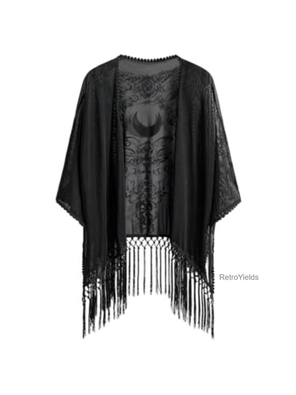 Sheer Mesh Fringe Kimono Cardigan Swim Cover Up Goth Open Front Tassel